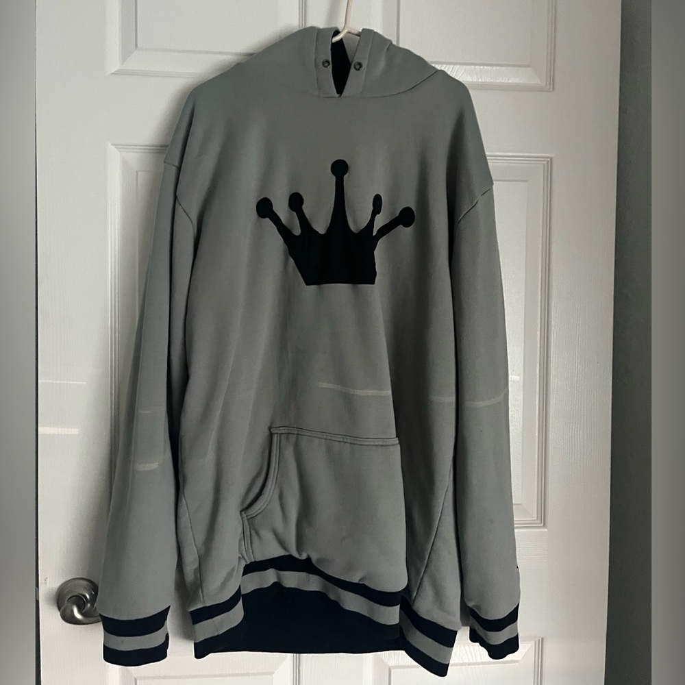 Grey hoodie, warm, very warm.